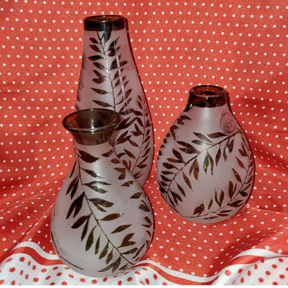 Vintage Lenox Frosted Green Botanical Glass Posy Vase Boho Decor Set of 3 - Picture 2 of 6